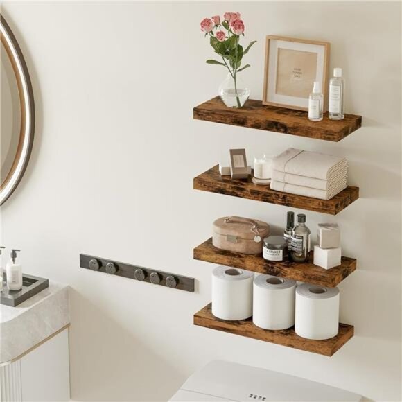 15.8in Floating Shelves, Rustic Wood Finish Wall Shelves Set of 4 - Picture 2 of 8